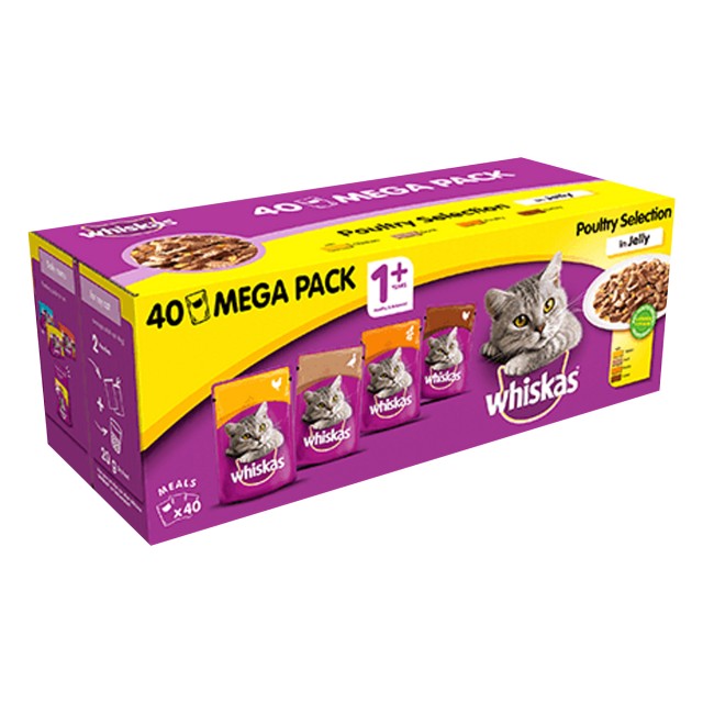 Whiskas 1+ Cat Pouches (Poultry Selection In Jelly) 40 for 36 x 100g